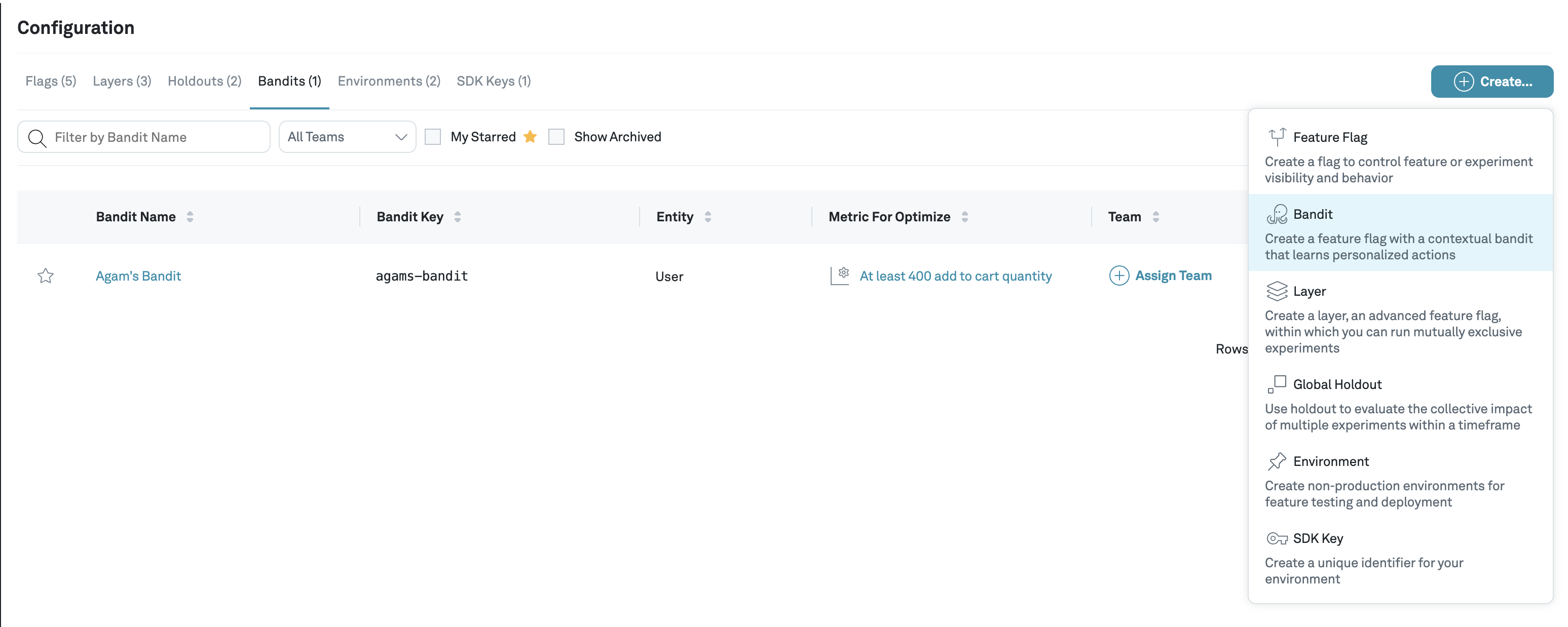 Create menu with Bandit selected
