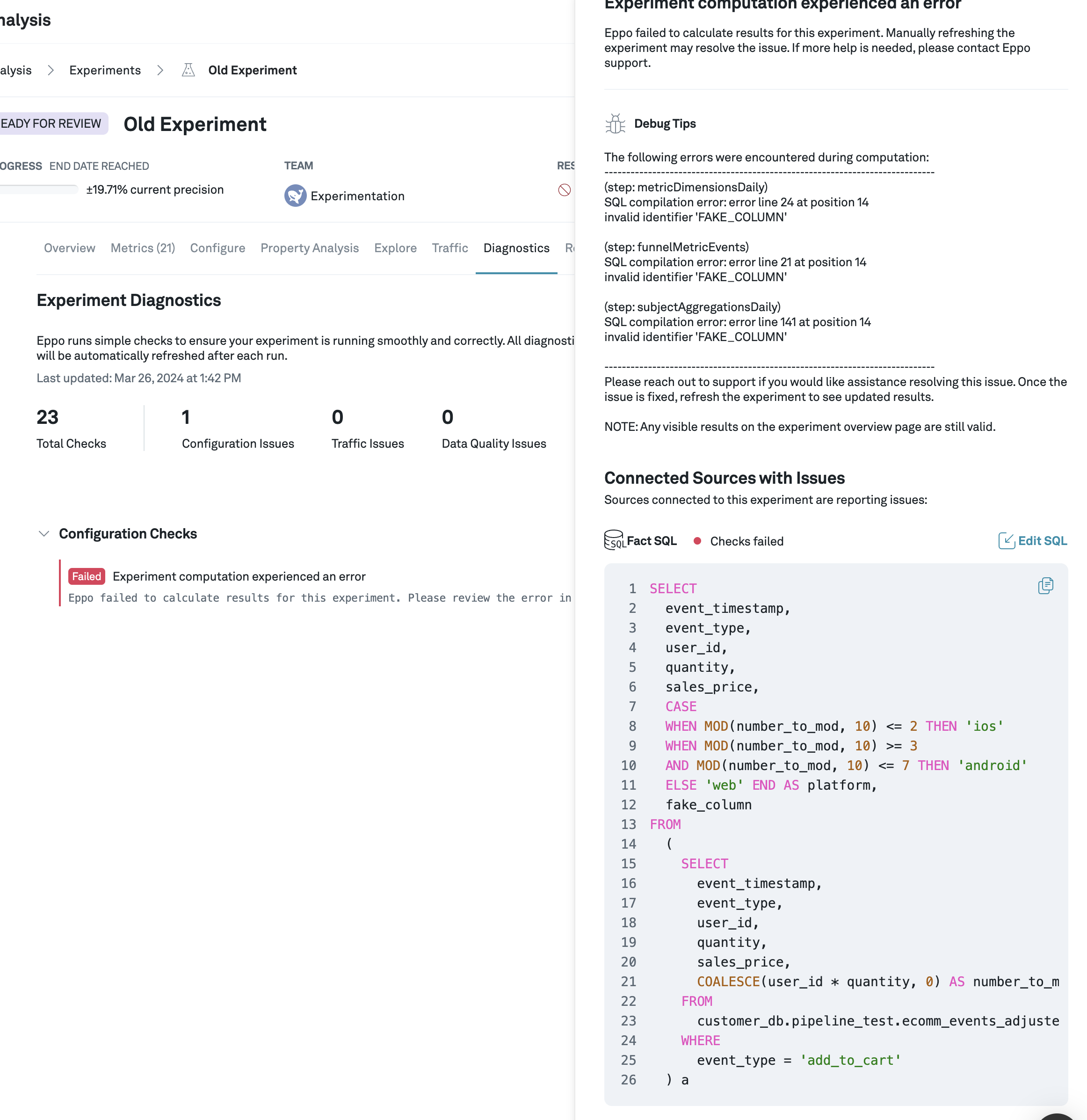 Experiment diagnostic compute error details