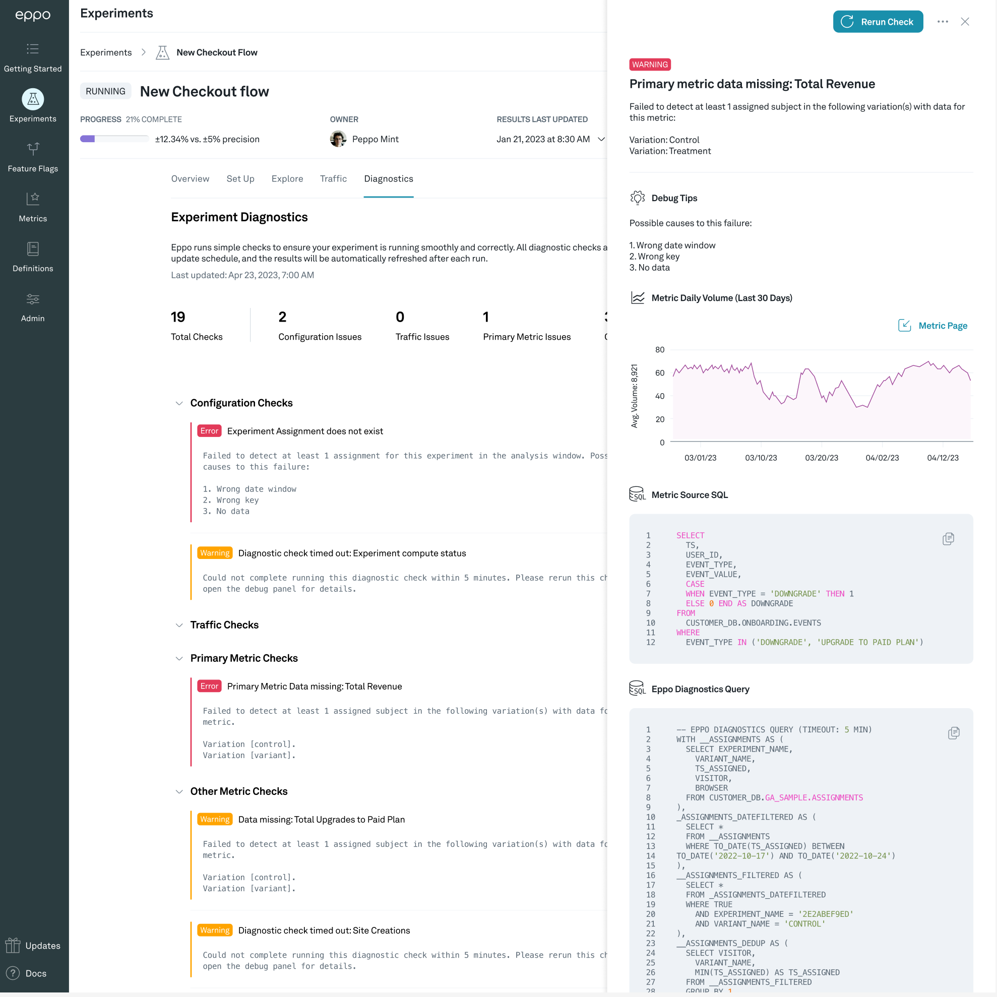 Example diagnostic error when data for the primary metric is missing
