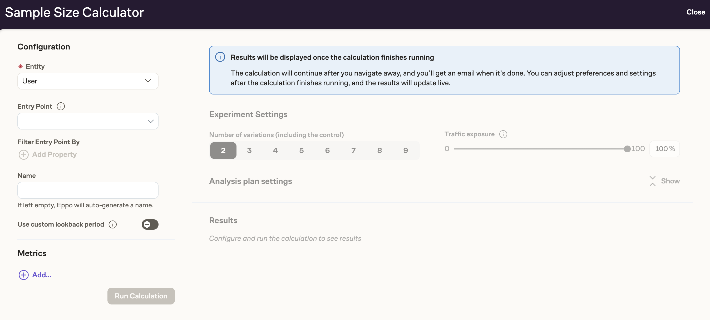 Sample size calculator interface