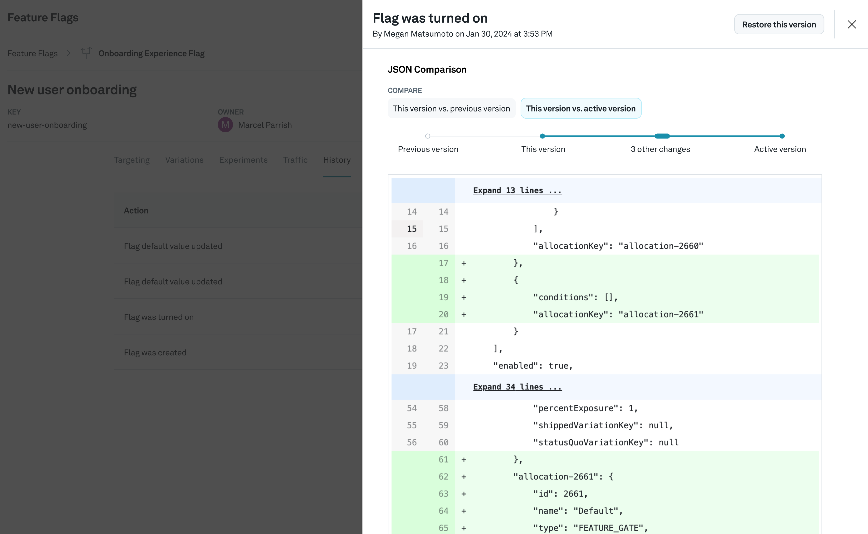 Compare version and restore