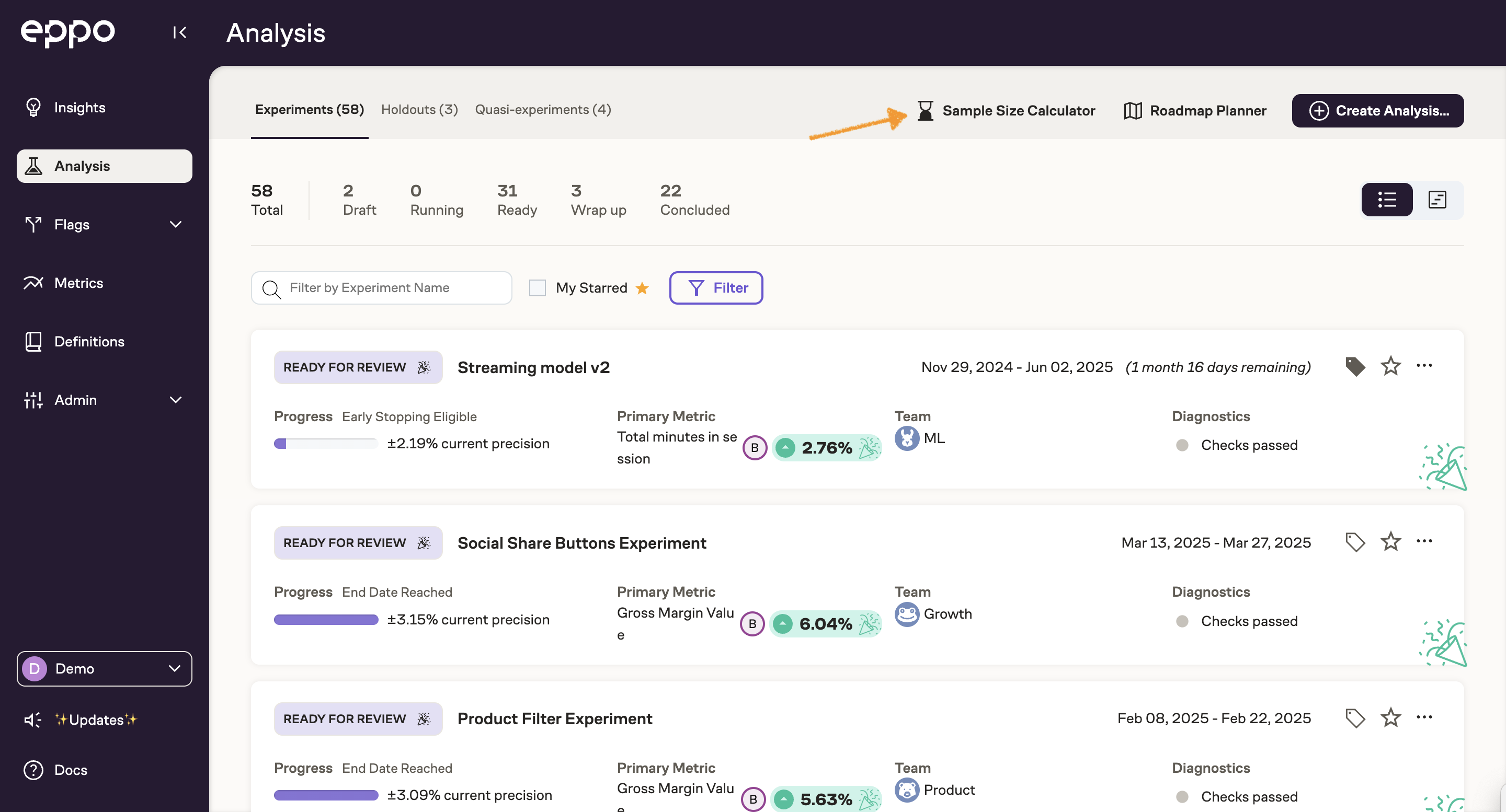 Sample size calculator is located in the upper right on experiments page